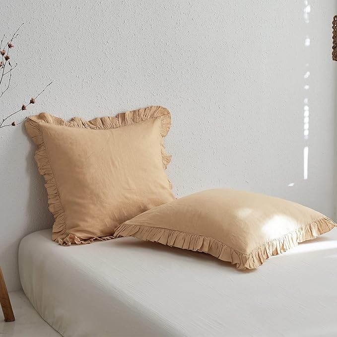 Simple&Opulence 100% Linen Euro Sham Covers with Ruffle, 26x26 Inch Pillow Covers Set of 2, Euro Pillow Shams for Bed Couch French Home Decor Luxury and Breathable Square Pillow Cases, Sand