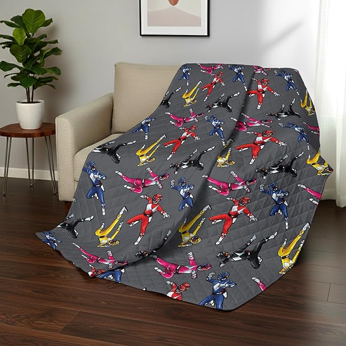 Power Rangers and Helmets Quilted Throw Blanket, Classic Mighty Morphin Helmet Icons, Comfy Throw, Adults Boys Girls, Soft Lightweight Bedding for Bed, or Couch, 60 x 80 Inches