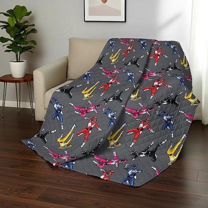 Power Rangers and Helmets Quilted Throw Blanket, Classic Mighty Morphin Helmet Icons, Comfy Throw, Adults Boys Girls, Soft Lightweight Bedding for Bed, or Couch, 60 x 80 Inches