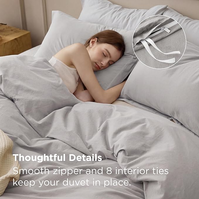 Bedsure 100% Washed Cotton Duvet Cover King - Light Grey Minimalist Bedding Set Linen Like - PureWoven Plain Simple & Soft Comforter Cover for All Seasons (King, 104"x90")