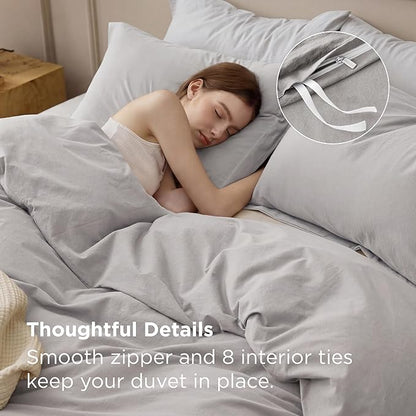 Bedsure 100% Washed Cotton Duvet Cover King - Light Grey Minimalist Bedding Set Linen Like - PureWoven Plain Simple & Soft Comforter Cover for All Seasons (King, 104"x90")