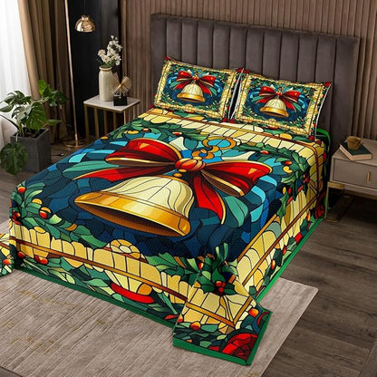 Christmas Bell Kids Bedspread King Size,Merry Christmas Bowknot Bow Tie Coverlet Set,Boys Girls Room Decor,Happy New Year Poinsettia Flower Quilted Coverlet,Red Xmas Bedding Quilt,2 Pillowcases