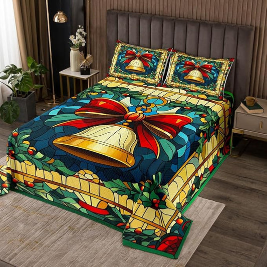 Manfei Christmas Bell Kids Bedspread Twin Size,Merry Christmas Bowknot Bow Tie Coverlet Set,Boys Girls Room Decor,Happy New Year Poinsettia Flower Quilted Coverlet,Red Xmas Bedding Quilt,1 Pillowcase