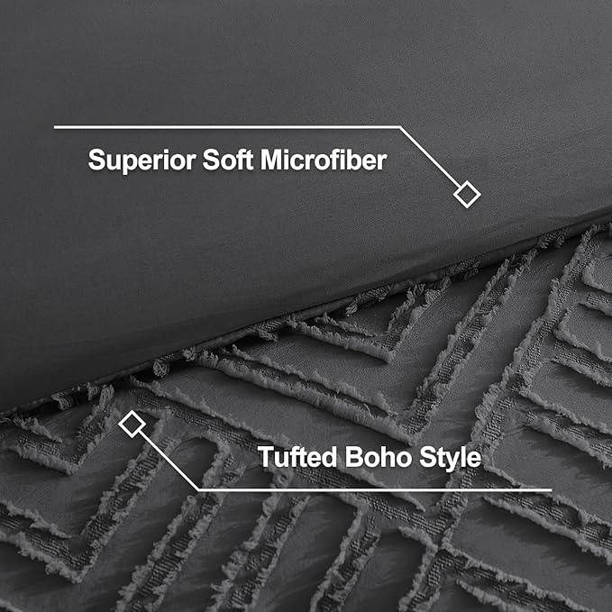 Litanika Dark Grey Queen Comforter Set, 3 Pieces Tufted Boho Farmhouse Bedding Comforter Sets, Lightweight Fluffy Comforter Bed Set for All Season (90x90In Comforter and 2 Pillowcases)