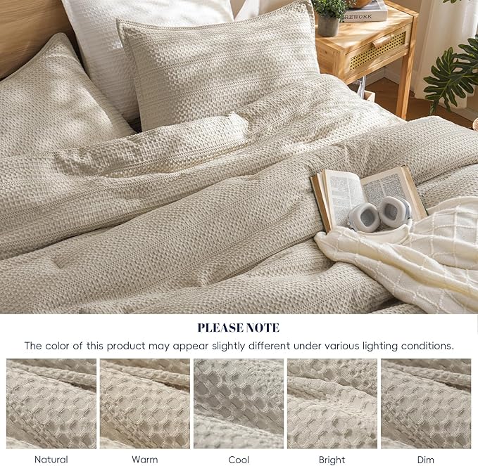 PHF Soft Waffle Comforter Set King Size- Comfy Breathable Waffle Weave Comforter with 2 Pillow Shams, 3 Pieces Less Snagging Lightweight Textured Bedding Set for All Season, Natural/Linen