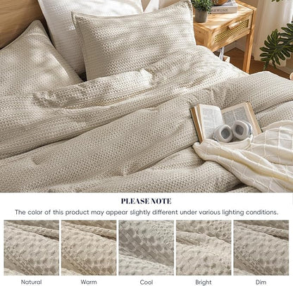 PHF Soft Waffle Comforter Set King Size- Comfy Breathable Waffle Weave Comforter with 2 Pillow Shams, 3 Pieces Less Snagging Lightweight Textured Bedding Set for All Season, Natural/Linen