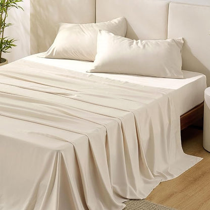 Bedsure Queen Sheet Set, Rayon Derived from Bamboo, Cooling Sheets, PureWoven, Breathable & Soft, Deep Pocket Up to 16", Hotel Luxury Silky Bedding for Hot Sleepers, Light Beige