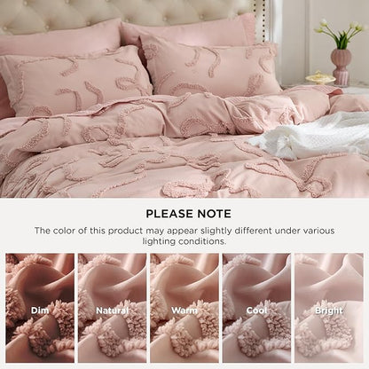 Bedsure Boho Duvet Cover King Size - Rose Pink Tufted Boho Bedding, Farmhouse Shabby Chic Embroidery Bedding for All Seasons, 3 Pieces, 1 Soft Jacquard King Comforter Cover and 2 Pillow Shams