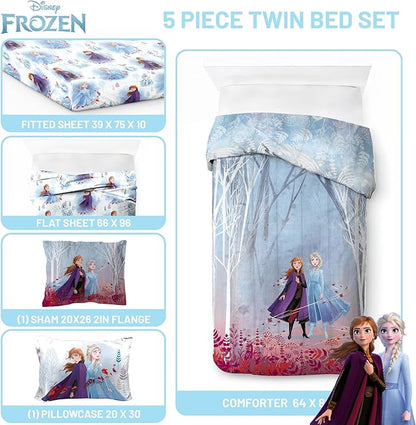 Disney Frozen 2 Forest Spirit 5 Piece Twin Bed Set - Includes Reversible Comforter & Sheet Set - Bedding Features Elsa & Anna - Super Soft Fade Resistant Microfiber - (Official Disney Product)