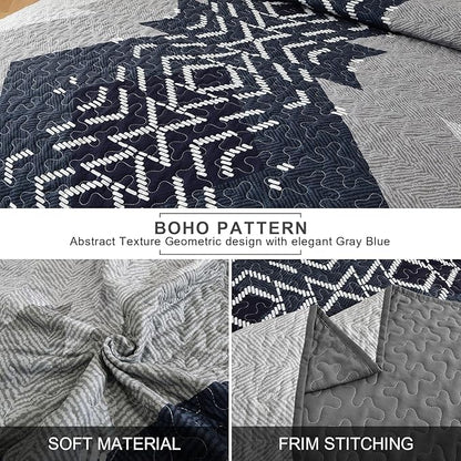 Dintszyayue Queen Size Quilt Set,3 Pieces Boho Bedspread Aztec Texture Quikted Coverlet Set Navy Blue Bedding Sets Geometric Pattern Microfiber Bed Cover for All Season(Navy,90"x96")