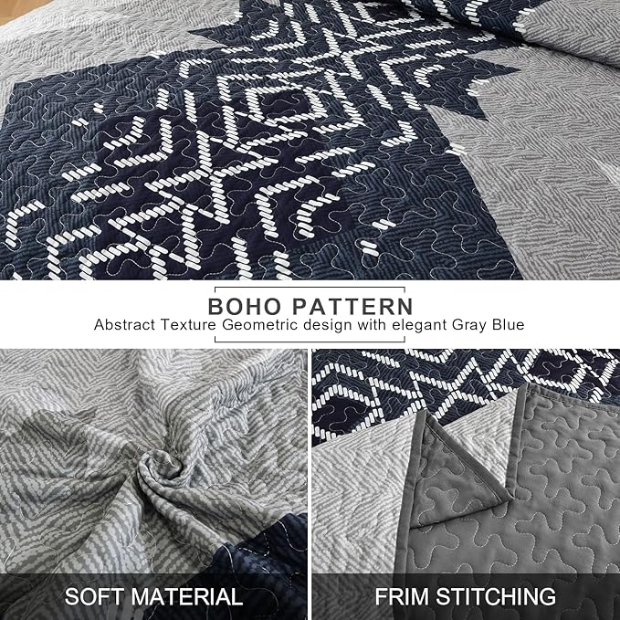Dintszyayue King Quilt Set Boho,3 Piece Navy Bedding Coverlet Set Aztec Texture Bedspread Soft Lightweight Quilted Coverlet Set Reversiber Microfiber Bed Cover for Season(Navy,90"x103")