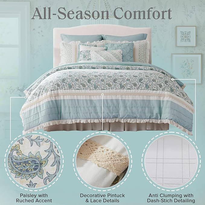 Madison Park Dawn 100% Cotton Shabby Chic Comforter Set-Modern Cottage Design All Season Down Alternative Bedding, Matching Shams, Bedskirt, Decorative Pillows, Queen(90"x90"), Aqua 9 Piece ,