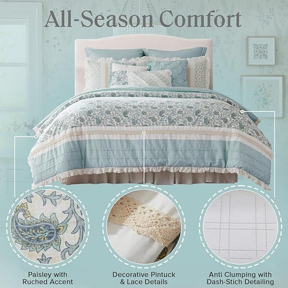 Madison Park Dawn 100% Cotton Shabby Chic Comforter Set-Modern Cottage Design All Season Down Alternative Bedding, Matching Shams, Bedskirt, Decorative Pillows, King(104"x92"), Aqua 9 Piece