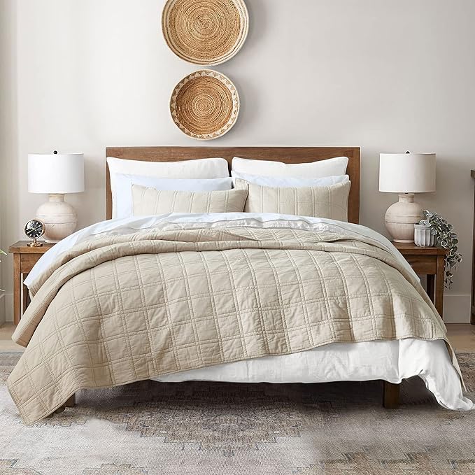 HORIMOTE HOME 100% Cotton Quilt Queen Size Beige Bedspread, Pre-Washed 3-Piece Cozy Lightweight Stitching Decorative Bedding Cover Coverlet Set with 2 Shams in Geometric Pattern for All Season
