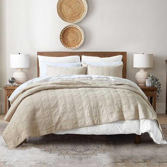 HORIMOTE HOME 100% Cotton Quilt Queen Size Beige Bedspread, Pre-Washed 3-Piece Cozy Lightweight Stitching Decorative Bedding Cover Coverlet Set with 2 Shams in Geometric Pattern for All Season