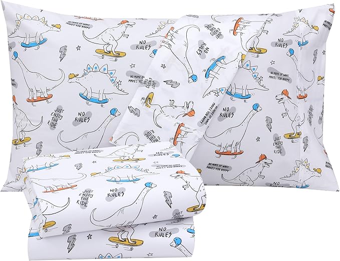 RUVANTI 100% Cotton Sheets – Queen Size Percale Bedding, Cooling & Breathable Floral Design, Durable with a Crisp, Soft & Comfortable Feel, 16" Deep Pocket, 4-Piece Set, Dino