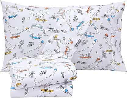 RUVANTI 100% Cotton Sheets – Queen Size Percale Bedding, Cooling & Breathable Floral Design, Durable with a Crisp, Soft & Comfortable Feel, 16" Deep Pocket, 4-Piece Set, Dino