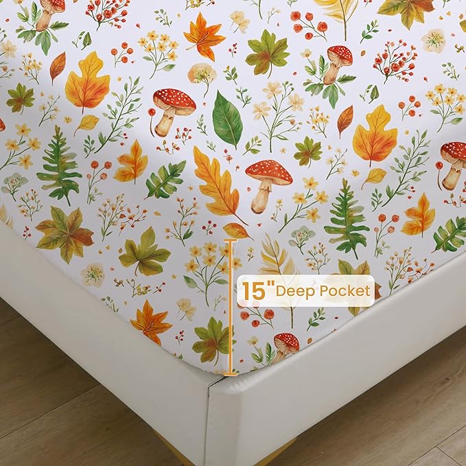 Softan Orange Floral Full Size Sheet Set, Printed Microfiber Fitted Sheet with 15" Deep Pockets & Non-Slip Straps, Maple Leaves & Mushroom Patterned Double Bedding Sheets & Pillowcase Set