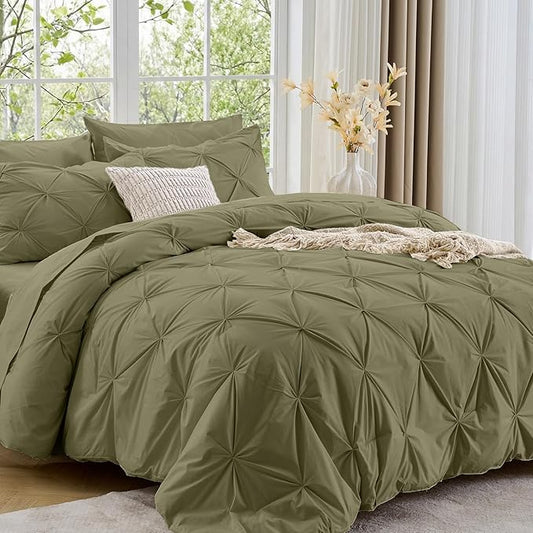 Sasttie Queen Comforter Set, 7-Piece Bed in a Bag, Pintuck Bedding Sets for All Season, Includes Comforter, Flat Sheet, Fitted Sheet, Pillowcases and Pillowshams, Olive Green