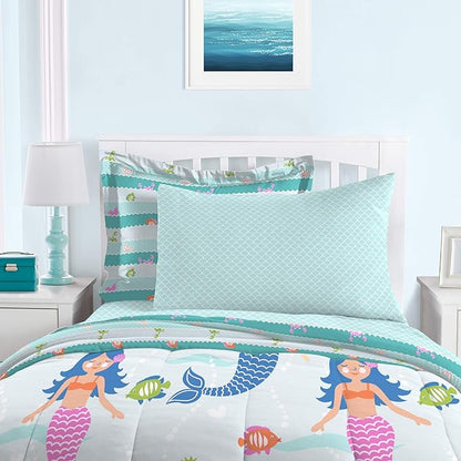 dream FACTORY Kids 5-Piece Complete Set Easy-Wash Super Soft Microfiber Comforter Bedding, Twin, Light Blue Mermaid Dreams