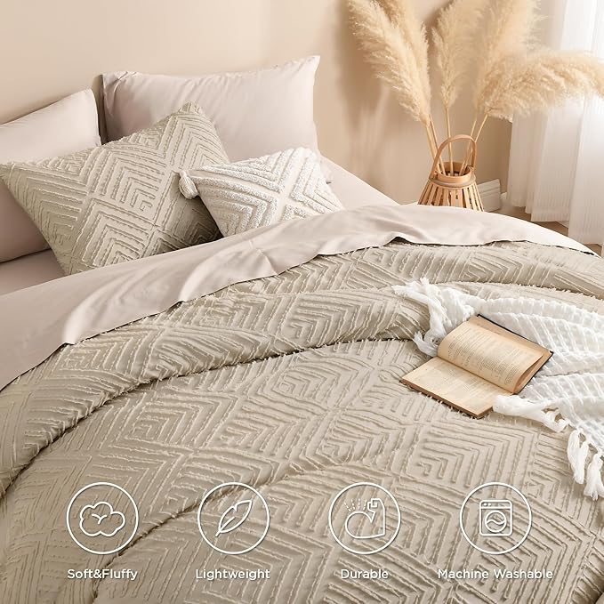 Andency Khaki King Size Comforter Set, 3 Pieces Boho Soft Bedding Set & Collections, Farmhouse Tufted Fluffy Warm Bedding Comforter Sets for King Bed (1 Comforter 104x90In, 2 Pillowcases)