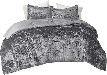 Comfort Spaces Juliette Luxe Comforter Set Velvet Lush with Soft Brushed Microfiber Reverse, All Season Cozy Velvet Bedding Sets, Fluffy Comforter Bed Set, Matching Sham, Grey Full/Queen 3 Piece