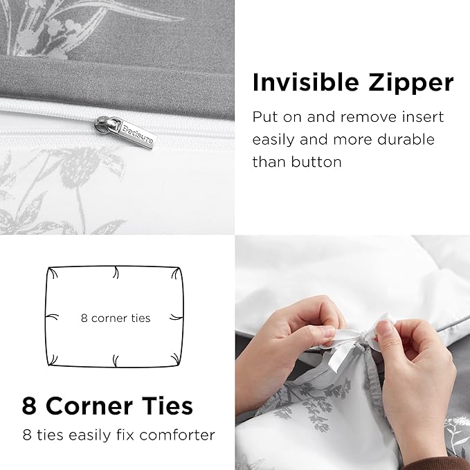 Bedsure Duvet Cover Twin Dorm Bedding - Reversible Floral Duvet Cover Set with Zipper Closure, 2 Pieces Grey Bedding Set with 8 Corner Ties and 1 Pillowcase 20"x26"