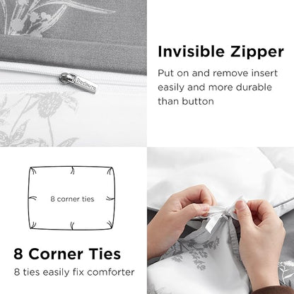 Bedsure Duvet Cover Queen Size - Reversible Floral Duvet Cover Set with Zipper Closure, 3 Pieces Grey Bedding Set with 8 Corner Ties and 2 Pillowcases 20"x26"