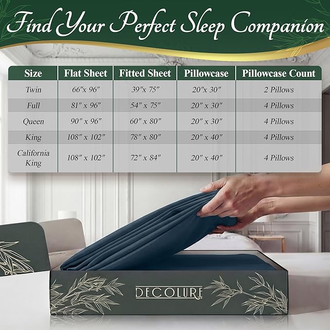 DECOLURE 100% Viscose Derived from Bamboo Sheets Twin Size - Luxury 4 Pc Naturally Cooling Sheets, Ultra Soft Bed Set - Deep 17" Pockets, Durable Double Stitching, Oeko Tex Standard (Navy Blue)