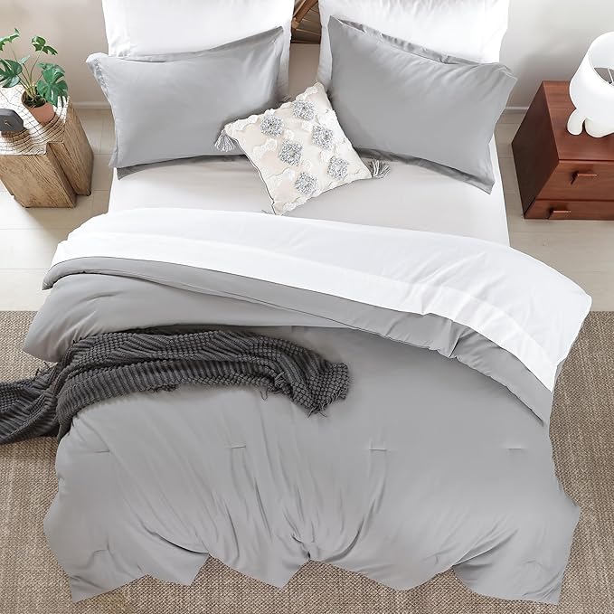 weigelia King Size Comforter Set 7 Pieces Grey Bed Comforter Set Bed in a Bag Solid Color Soft Microfiber King Bedding Set with Sheets Pillow Shams and Pillowcases