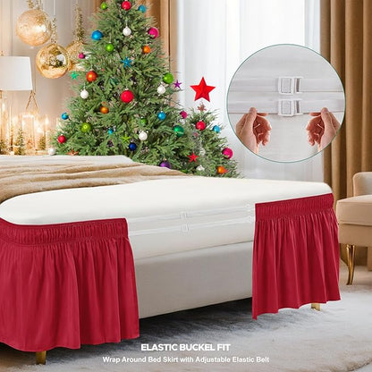 Biscaynebay Wrap Around Bed Skirts for King & Cal King Beds Short Drop of 12", Red Adjustable Elastic Dust Ruffles Easy Fit Wrinkle Resistant Silky Luxurious Fabric Machine Washable