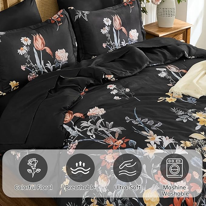 WONGS BEDDING King Comforter Set 7 Piece, Black Floral Bed in a Bag Bedding Set with Botanical Flowers Patterns, Soft Lightweight Complete Comforters with Sheets for All Season