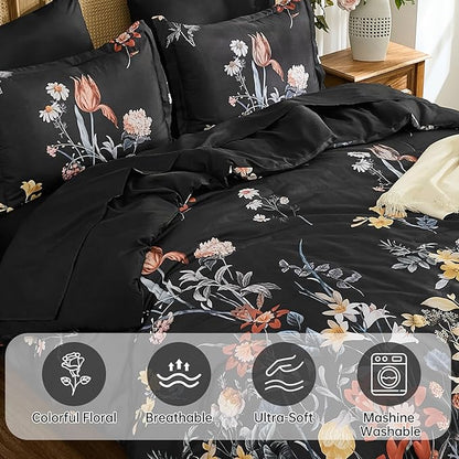 WONGS BEDDING King Comforter Set 7 Piece, Black Floral Bed in a Bag Bedding Set with Botanical Flowers Patterns, Soft Lightweight Complete Comforters with Sheets for All Season