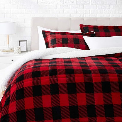 Amazon Basics 3-Piece Ultra-Soft Micromink Sherpa Bedding Set, Warm All Season Comforter, King, Red Buffalo Plaid