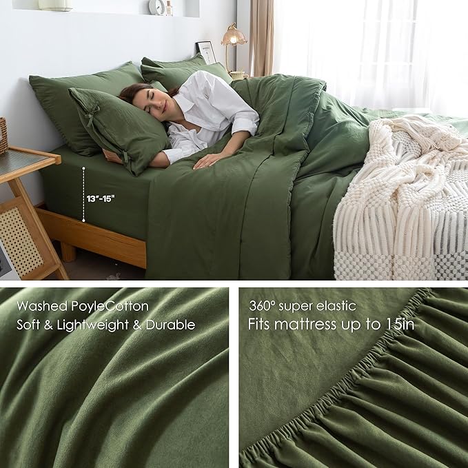 COTTEBED Ultra-Soft Twin Comforter Set with Sheets - 5 Pieces Bed in a Bag Twin Down Comforter & Bedding Sheet Sets, Lightweight Boho Washed Polycotton for Kids Boy Girls All Season, Dark Olive Green