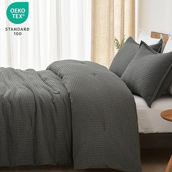 PHF Ultra Soft Waffle Weave Comforter Set King Size, 3 Pieces Lightweight Breathable Comfy Bedding Set, Comfy Textured 1 Comforter with 2 Pillow Shams, Grey