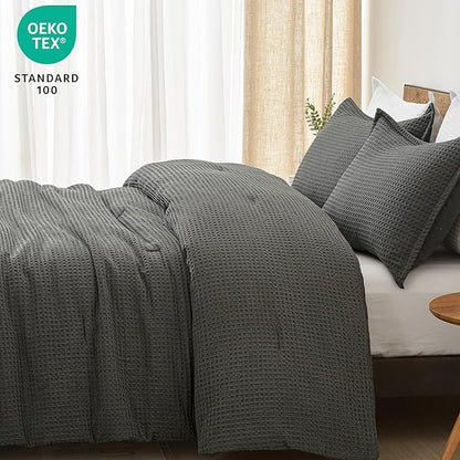 PHF Ultra Soft Waffle Weave Comforter Set King Size, 3 Pieces Lightweight Breathable Comfy Bedding Set, Comfy Textured 1 Comforter with 2 Pillow Shams, Grey