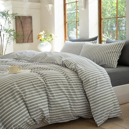 Striped Duvet Cover Set,100% Washed Cotton Line Like Breathable Trendy Bedding Set(Strip-White/Black,King)