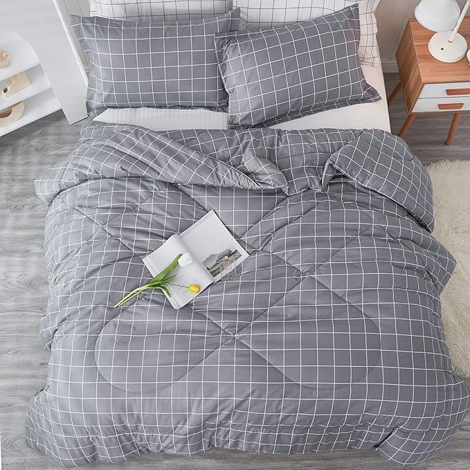 Andency Grey Grid Comforter Set King Size (104x90 inch), 3 Pieces (1 Grey Comforter and 2 Pillowcases), Summer Lightweight Microfiber Down Alternative Bedding Comforter Sets with White Lines