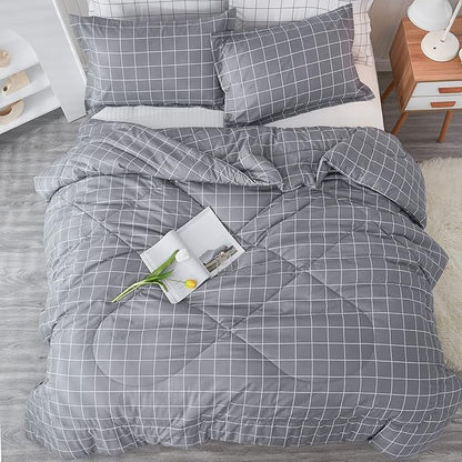 Andency Grey Grid Comforter Set King Size (104x90 inch), 3 Pieces (1 Grey Comforter and 2 Pillowcases), Summer Lightweight Microfiber Down Alternative Bedding Comforter Sets with White Lines