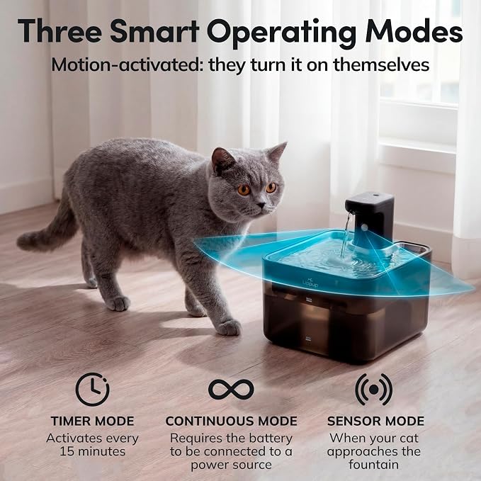 Cat Water Fountain Cordless, 88oz/2.6L Wireless Pet Water Fountain for Cats Indoor, Battery Operated Cat Drinking Fountain with Motion Sensor, Ultra Quiet Pump, BPA-Free, Black