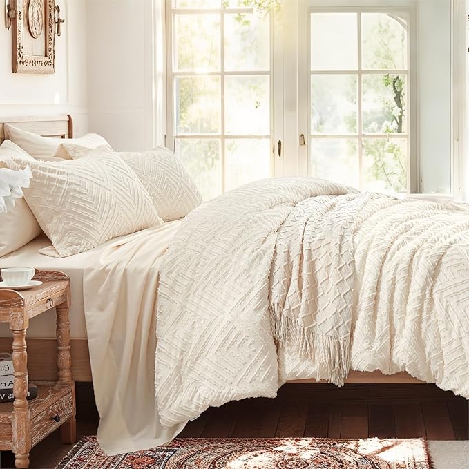 Zzlpp Full Comforter Set 7 Pieces, Cream Tufted Bed in a Bag with Comforter and Sheets, All Season Boho Bedding Sets with 1 Comforter, 2 Pillow Shams, 2 Pillowcases, 1 Flat Sheet, 1 Fitted Sheet