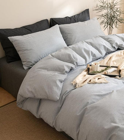 VM VOUGEMARKET Gray Striped Comforter Set Full,3 Pieces Washed Cotton Pinstripes Comforter with 2 Pillowcases for Teen Boys Men Simple Modern Bedding Set (80"x90")
