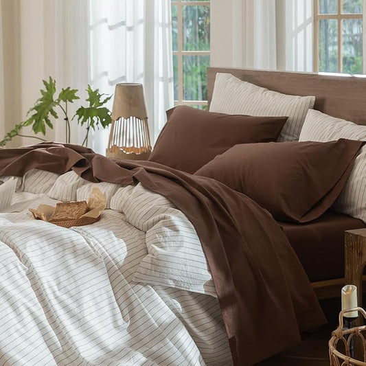 MooMee Bedding Sheet Set 100% Washed Cotton Linen Like Textured Breathable Durable Soft Comfy (Solid Cocoa Brown, California King)