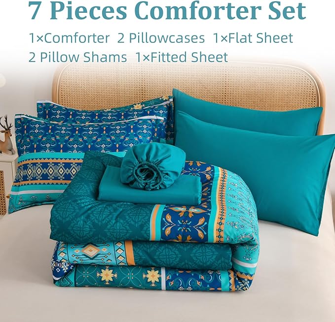 Comforter Set King Size Boho,7 Pieces Bohemian Bedding Comforter Set Striped Bed in a Bag,Turquoise Blue Paisley Floral Comfortet and Sheet Set,Soft Microfiber Bedding Sets for All Season