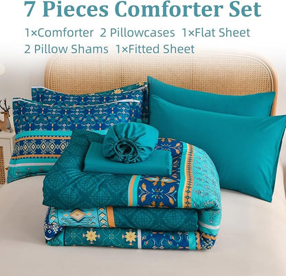 Comforter Set King Size Boho,7 Pieces Bohemian Bedding Comforter Set Striped Bed in a Bag,Turquoise Blue Paisley Floral Comfortet and Sheet Set,Soft Microfiber Bedding Sets for All Season
