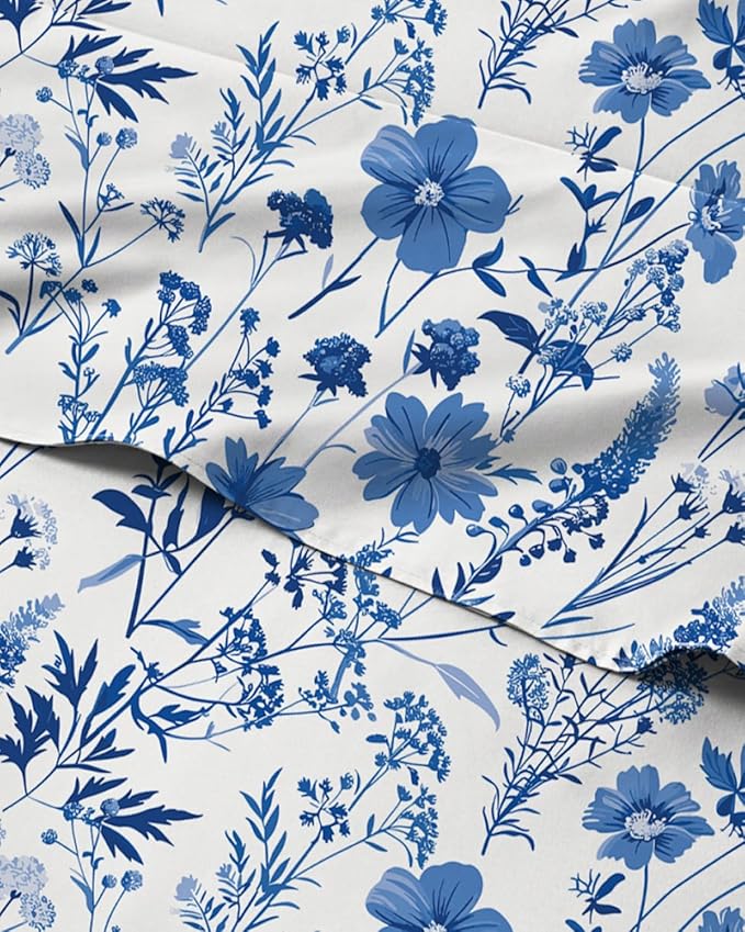 Floral Sheets - White & Blue Bed Sheet Set - 1 Flat, 1 Fitted & 1 Pillowcase w/ Deep Pockets - Comfy, Cozy, Wrinkle & Fade Free - Boho Botanical Bedding - Soft, Breathable & Cooling - Twin XL Size Set