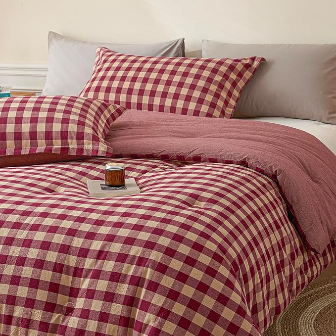 Cyusri Cotton Plaid Twin Comforter Set - Soft Lightweight Bedding 2 Pieces Dyed Bed Set with 1 Pillow Shams,Reversible All Season Farmhouse Down Alternative(Twin Size 68"x90" Retro Red)