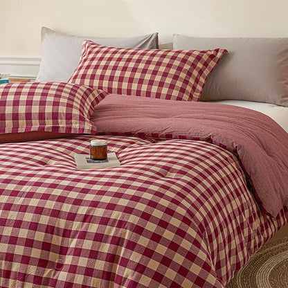 Cyusri Cotton Plaid Queen Comforter Set - Soft Lightweight Bedding 3 Pieces Dyed Bed Set with 2 Pillow Shams,Reversible All Season Farmhouse Down Alternative(Queen Size 90"x90" Retro Red)