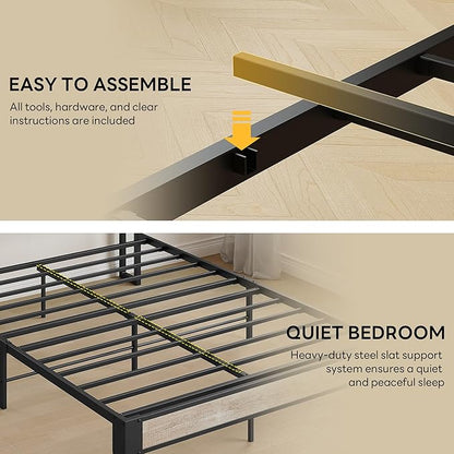 LIKIMIO Queen Bed Frames, Bouclé Storage Headboard with Charging Station, Solid and Stable, Noise Free, No Box Spring Needed, Easy Assembly